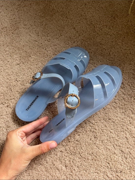 Tuckernuck Shoes - Tuckernuck Pale Blue Jelly Sandals with Gold Buckles